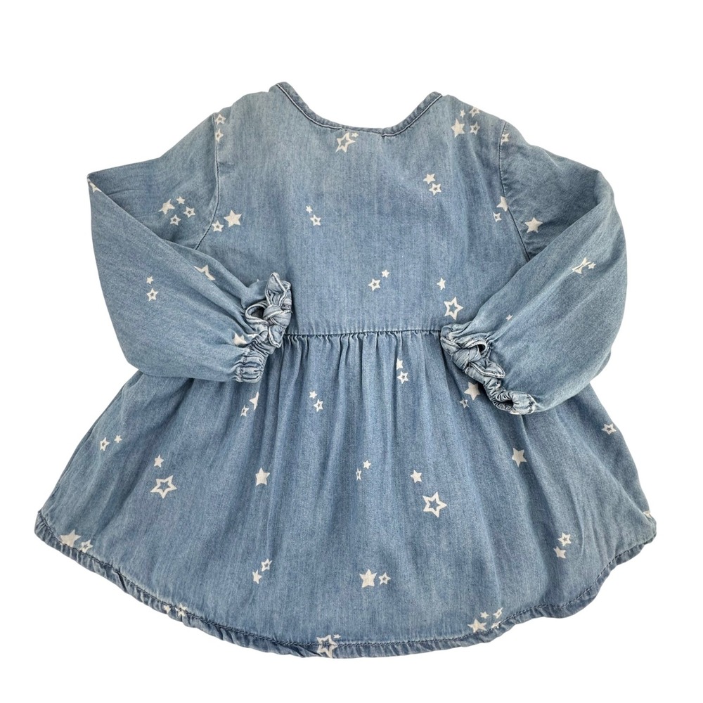 OshKosh B'gosh Star Print Chambray Dress Toddler 18M Blue Bow Detail Long Sleeve